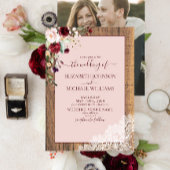 Burgundy Blush Botanical Wood Script Foto Wedding Einladung