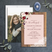 Burgundy Blush Botanical Wood Script Foto Wedding Einladung