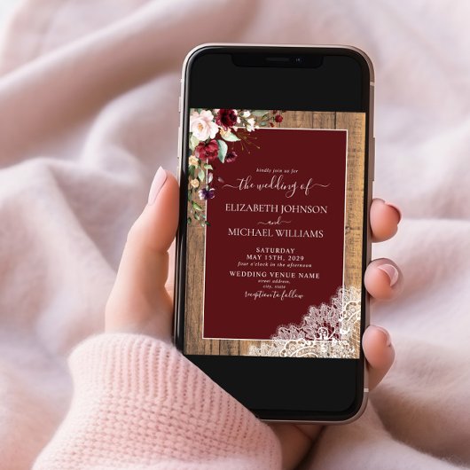 Burgundy Blush Botanical Wood Script Foto Wedding Einladung