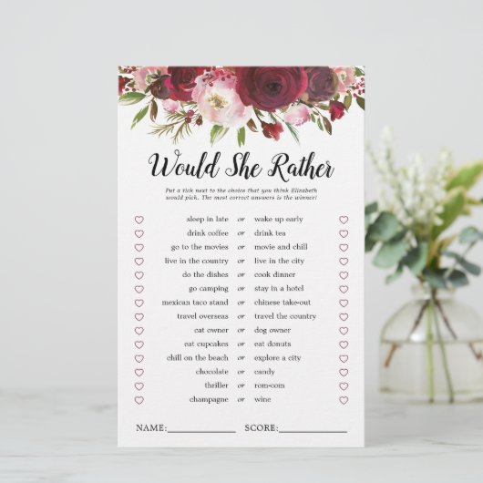 Burgundy Blush Brautparty Game (Stehend Vorderseite)