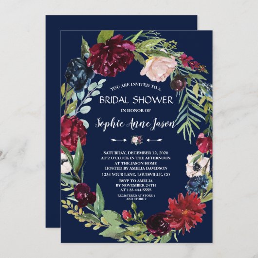 Burgundy Blush Dark Blue Brautparty Einladung (Vorne/Hinten)