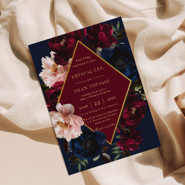 Burgundy Blush Dark Navy Blue Floral Gold Hochzeit Einladung