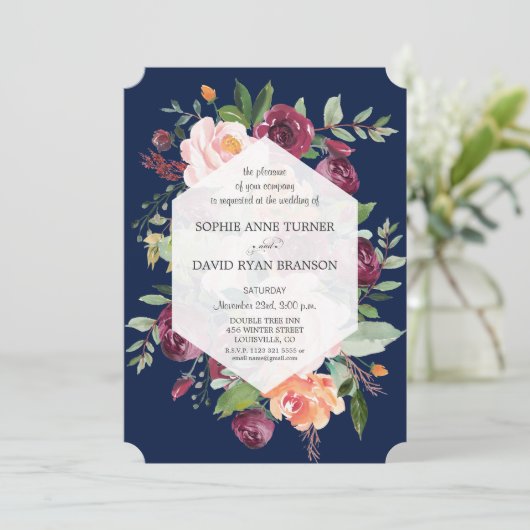 Burgundy Blush Elfenbein Dark Blue Wedding Einladung (Stehend Vorderseite)
