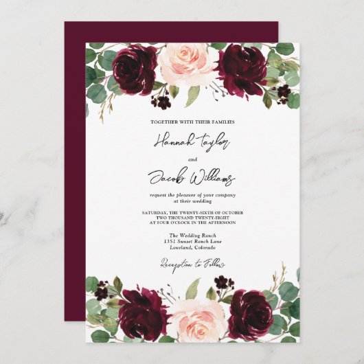 Burgundy Blush Eucalyptus Wedding Einladung (Vorne/Hinten)