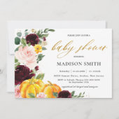 Burgundy Blush Fall Floral Pumpkins Baby Dusche Einladung (Vorderseite)