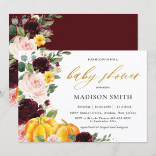 Burgundy Blush Fall Floral Pumpkins Baby Dusche Einladung