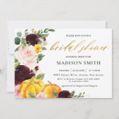 Burgundy Blush Fall Floral Pumpkins Brautparty Einladung (Vorderseite)