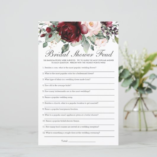 Burgundy Blush Floral Brautparty Feud Game (Stehend Vorderseite)