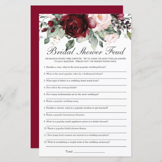 Burgundy Blush Floral Brautparty Feud Game (Vorne/Hinten)