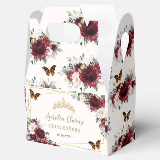 Burgundy Blush Floral Butterfells Gold Tiara Geschenkschachtel (Geöffnet)