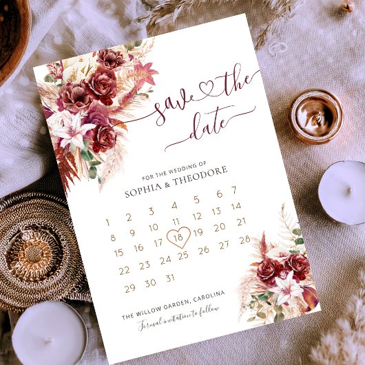 Burgundy & Blush Floral Calendar Save The Date