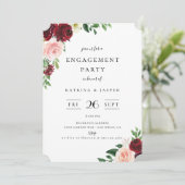Burgundy Blush Floral Engagement Party Einladung (Stehend Vorderseite)