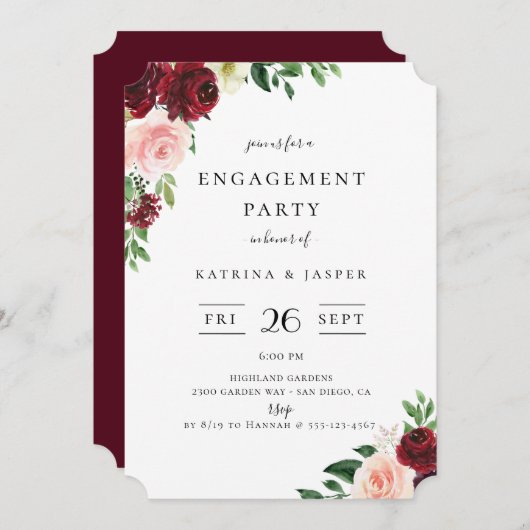 Burgundy Blush Floral Engagement Party Einladung (Vorne/Hinten)