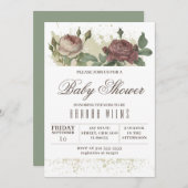 Burgundy Blush Floral Gold Baby Dusche Girl Invita Einladung (Vorne/Hinten)