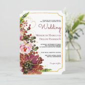 Burgundy Blush Floral Gold Foto Boho Wedding Einladung (Stehend Vorderseite)