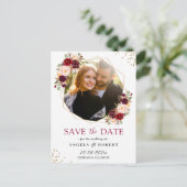 Burgundy Blush Floral Gold Geometric Save the Date Postkarte (Stehend Vorderseite)
