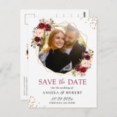Burgundy Blush Floral Gold Geometric Save the Date Postkarte (Vorne/Hinten)