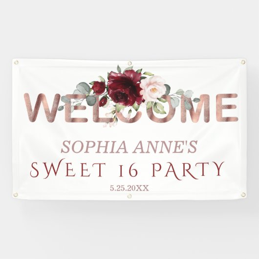 Burgundy Blush Floral Gold Sweet !6 Begrüßungsunte Banner (Horizontal)