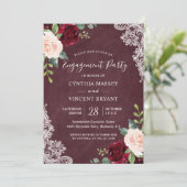Burgundy Blush Floral Lace Engagement Party Einladung (Stehend Vorderseite)
