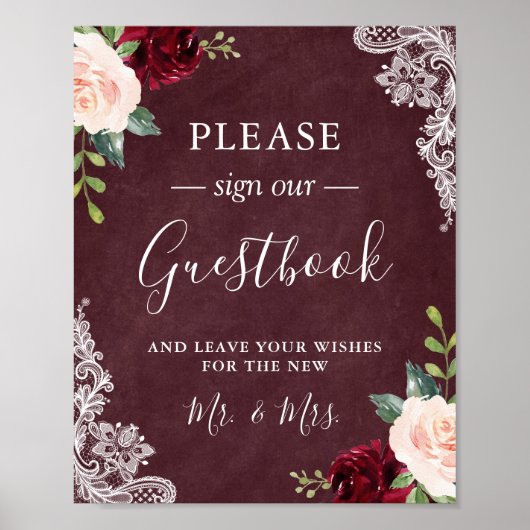 Burgundy Blush Floral Lace Wedding Gästebuchunters Poster (Vorne)
