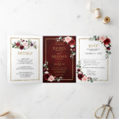 Burgundy Blush Floral Modern Geometric Wedding Tri Dreifach Gefaltete Ankündigung (Innenseite)