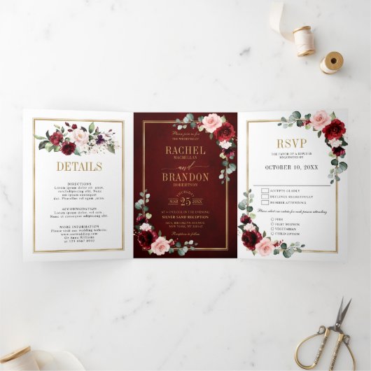 Burgundy Blush Floral Modern Geometric Wedding Tri Dreifach Gefaltete Ankündigung (Innenseite)