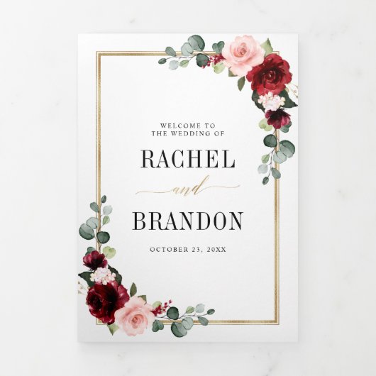 Burgundy Blush Floral Modern Geometric Wedding Tri Dreifach Gefaltete Ankündigung (Cover)