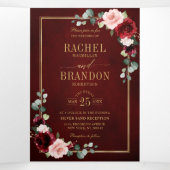 Burgundy Blush Floral Modern Geometric Wedding Tri Dreifach Gefaltete Ankündigung (Innenseite Mitte)