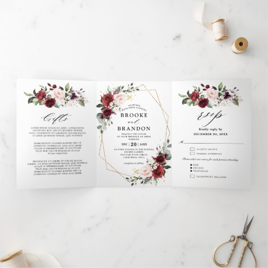 Burgundy Blush Floral Modern Geometric Wedding Tri Dreifach-gefaltete Programmkarte (Innenseite)