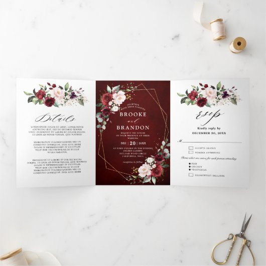 Burgundy Blush Floral Modern Geometric Wedding Tri Dreifach-gefaltete Programmkarte (Innenseite)