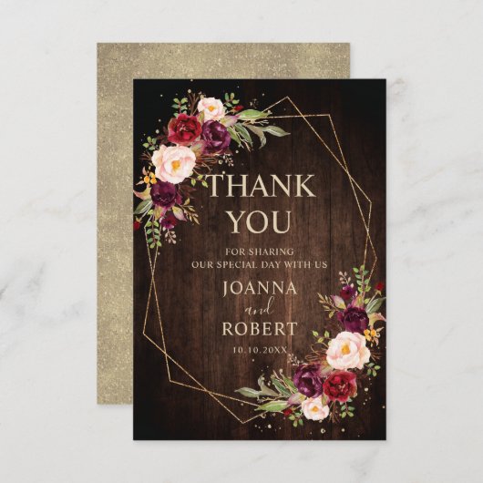 Burgundy Blush Floral Moderne geometrische Hochzei Dankeskarte (Vorne/Hinten)