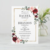 Burgundy Blush Floral Moderne geometrische Hochzei Einladung (Stehend Vorderseite)