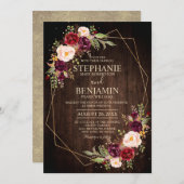 Burgundy Blush Floral Moderne geometrische Hochzei Einladung (Vorne/Hinten)
