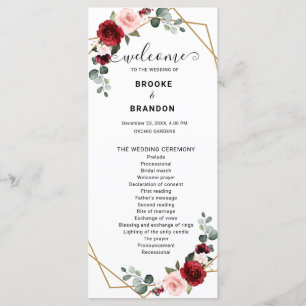 Burgundy Blush Floral Moderne geometrische Hochzei Programm