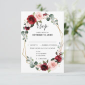 Burgundy Blush Floral Moderne geometrische Hochzei RSVP Karte (Stehend Vorderseite)