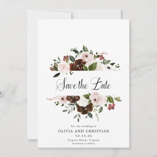 Burgundy Blush Floral Moderne Kalligrafie Save The Date (Vorderseite)