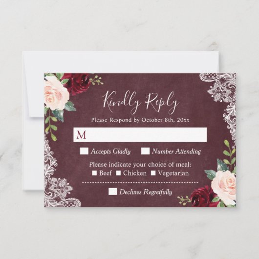 Burgundy Blush Floral Paisley Lace Wedding RSVP (Vorderseite)