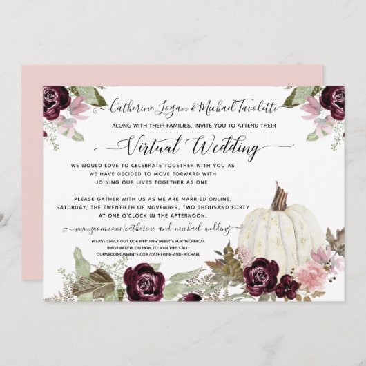 Burgundy Blush Floral Pumpkin Virtual Wedding Einladung (Vorne/Hinten)