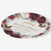 Burgundy Blush Floral Quinceañera Crown Butterfly Pappteller (Schrägansicht)