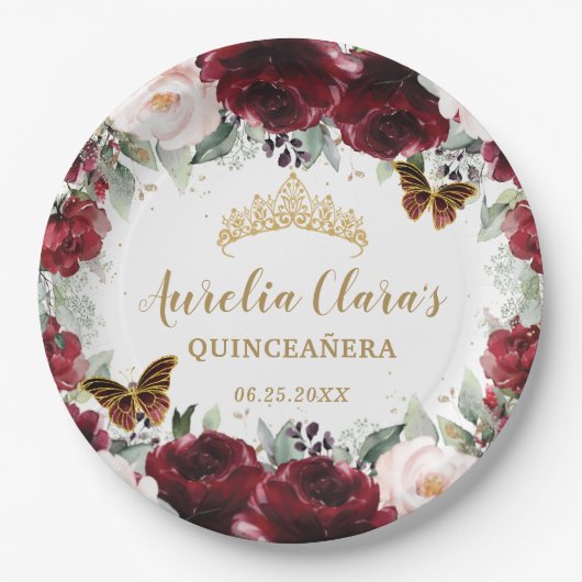 Burgundy Blush Floral Quinceañera Crown Butterfly Pappteller (Vorderseite)