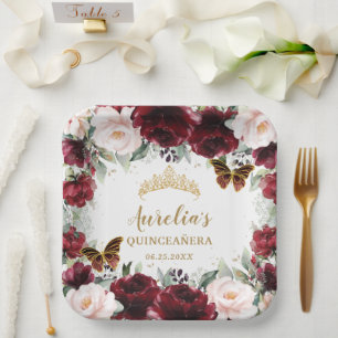 Burgundy Blush Floral Quinceañera Crown Butterfly Pappteller