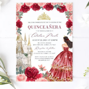 Burgundy Blush Floral Quinceanera Einladung Rot
