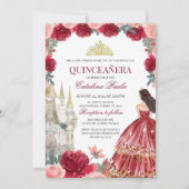 Burgundy Blush Floral Quinceanera Einladung Rot (Vorderseite)