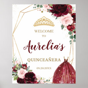 Burgundy Blush Floral Quinceañera Tiara Willkommen Poster