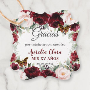 Burgundy Blush Floral Quinceñera Butterfliegen Geschenkanhänger