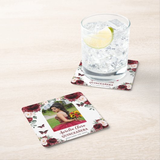 Burgundy Blush Floral Quinceñera Foto Keepake Rechteckiger Pappuntersetzer (Vor Ort)