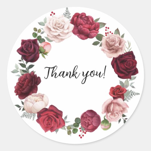 Burgundy Blush Floral Round Danke Stickers (Vorderseite)