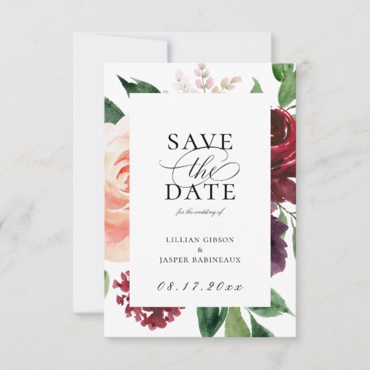 Burgundy Blush Floral Save the Date Ankündigung (Vorderseite)