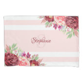 Burgundy Blush Floral Stripes Monogramm Name Kissenbezug (Vorderseite)
