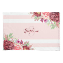 Burgundy Blush Floral Stripes Monogramm Name